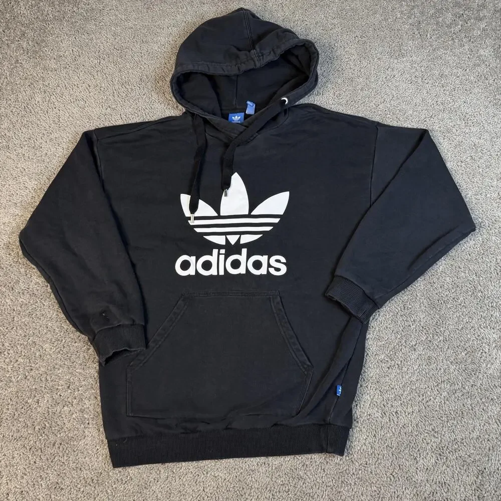 Adidas Hoodie Mens M Black Pullover Hooded Pockets Trefoil Graphic Originals